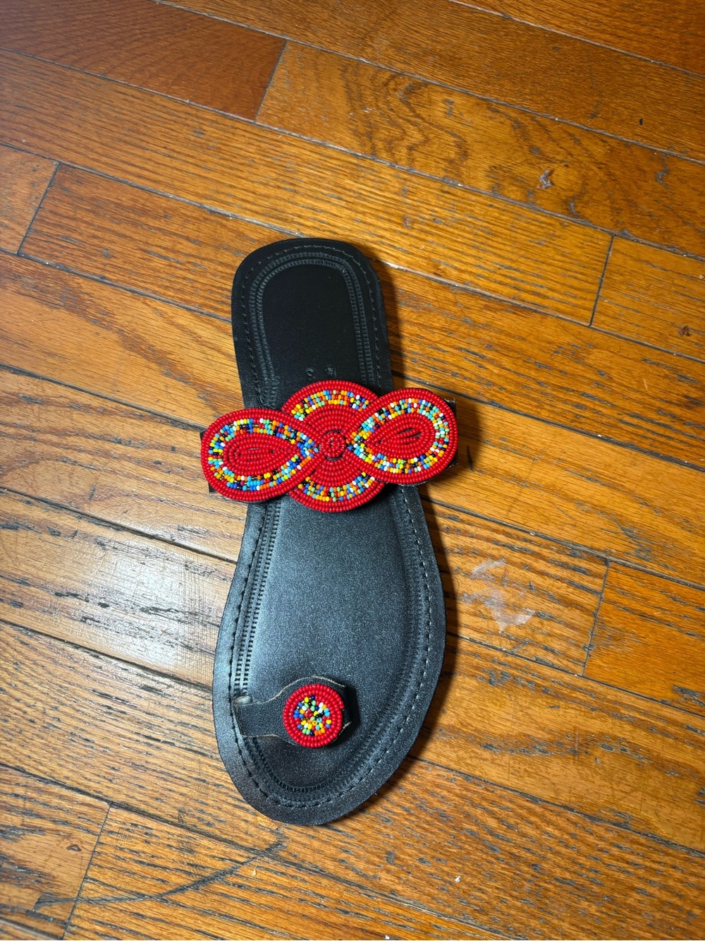 Red Beaded Slide Sandal with Multicolor Accent